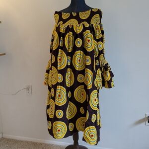 African Womens NF 3/4 Ruffled Sleeve Smocked Off Shoulder Dress Brown Gold 0SFM